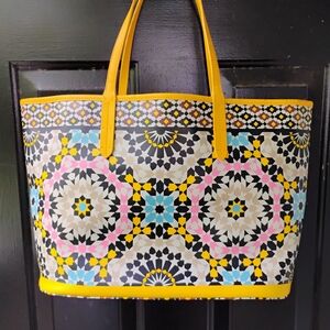 orYANY Vibrant All Leather Mosaic Print Tote Bag with Yellow Accents